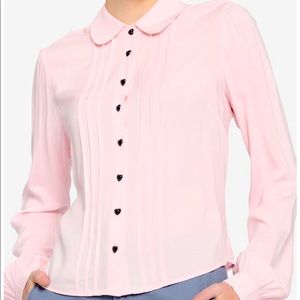 Pink Pleated Heart Buttons Girls Woven Long-Sleeve Top